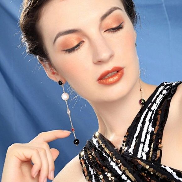 Pearl Crystal Rhinestone Gold Drop Dangle Earrings - Picture 5 of 12